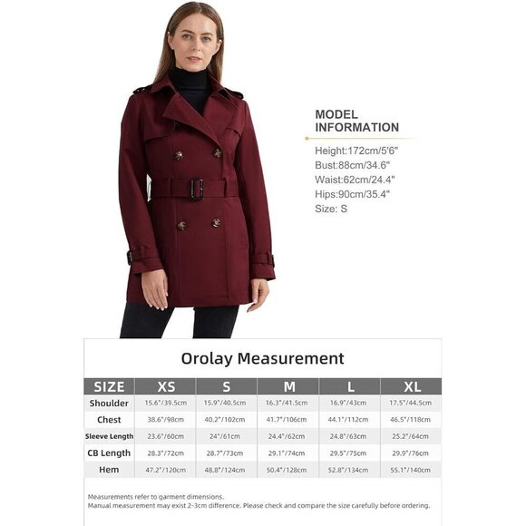❤️Women's Trench Coat with Belt Lightweight Double-Breasted Long  Jacket-Darkred - Picture 6 of 6